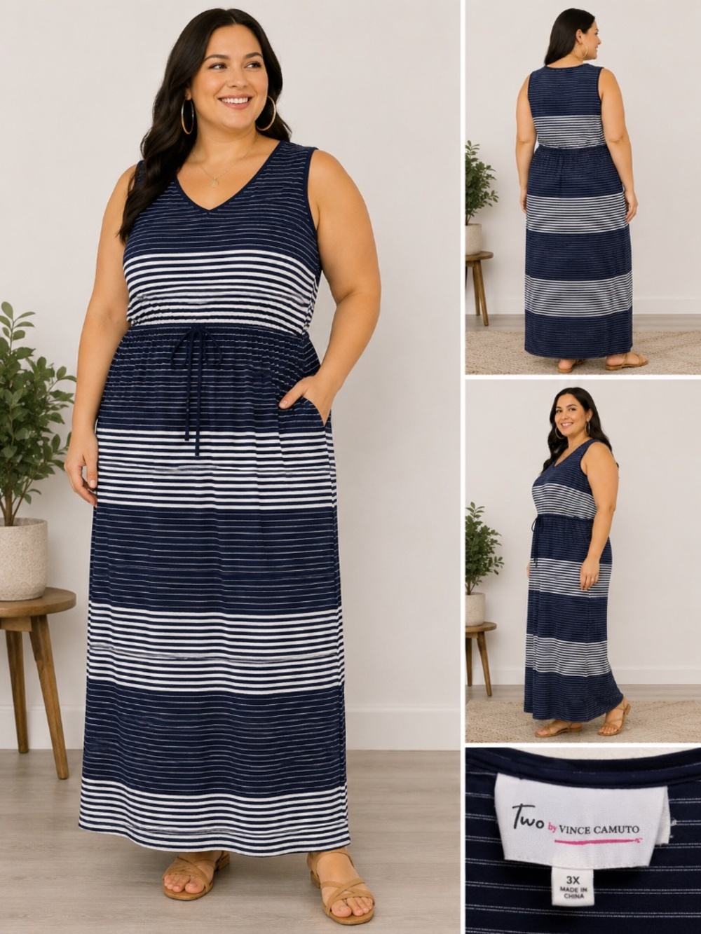 Two by Vince Camuto Women's Dress 3X Blue/White Striped Sleeveless Maxi Sheath